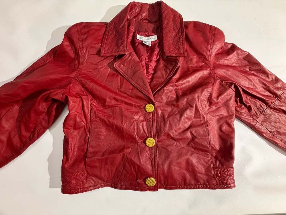 Worth Red Leather Jacket Size 10 Gold Buttons Vintage Y2K Moto Cozy